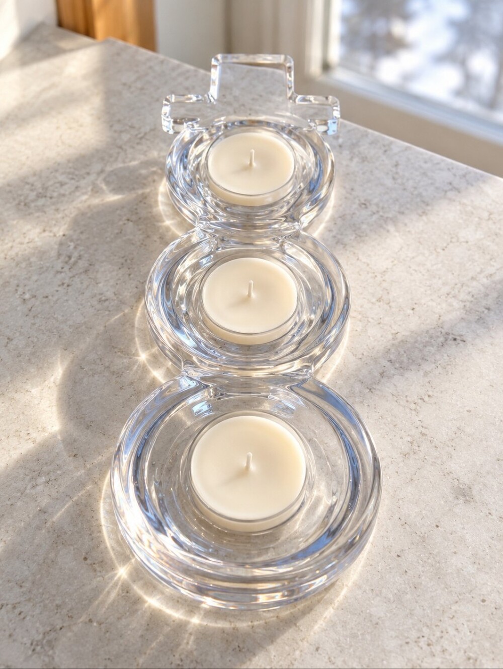 Mikasa Rejoice Glass Snowman 3 Tealight Candle Holder Winter Decor 10"